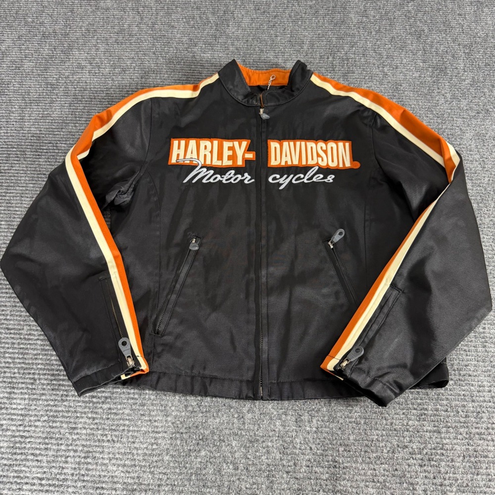 HarleyDavidson Womens Black Orange Racing Stripe Mesh Lined Riding Jacket Medium - Picture 3 of 14